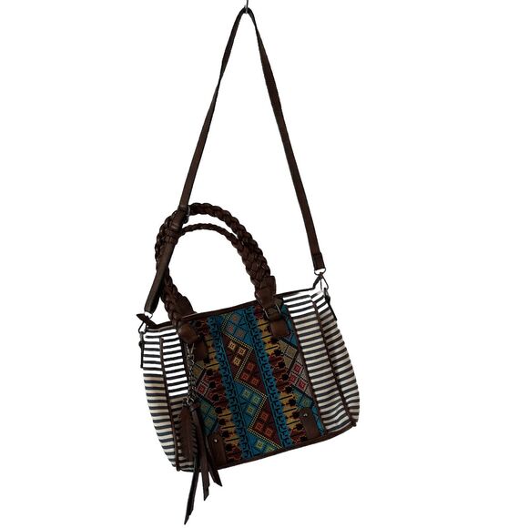 MMS Aztec & Stripe Print Satchel Tote w/Fringes Purse Handbag Removable Strap - Picture 1 of 16